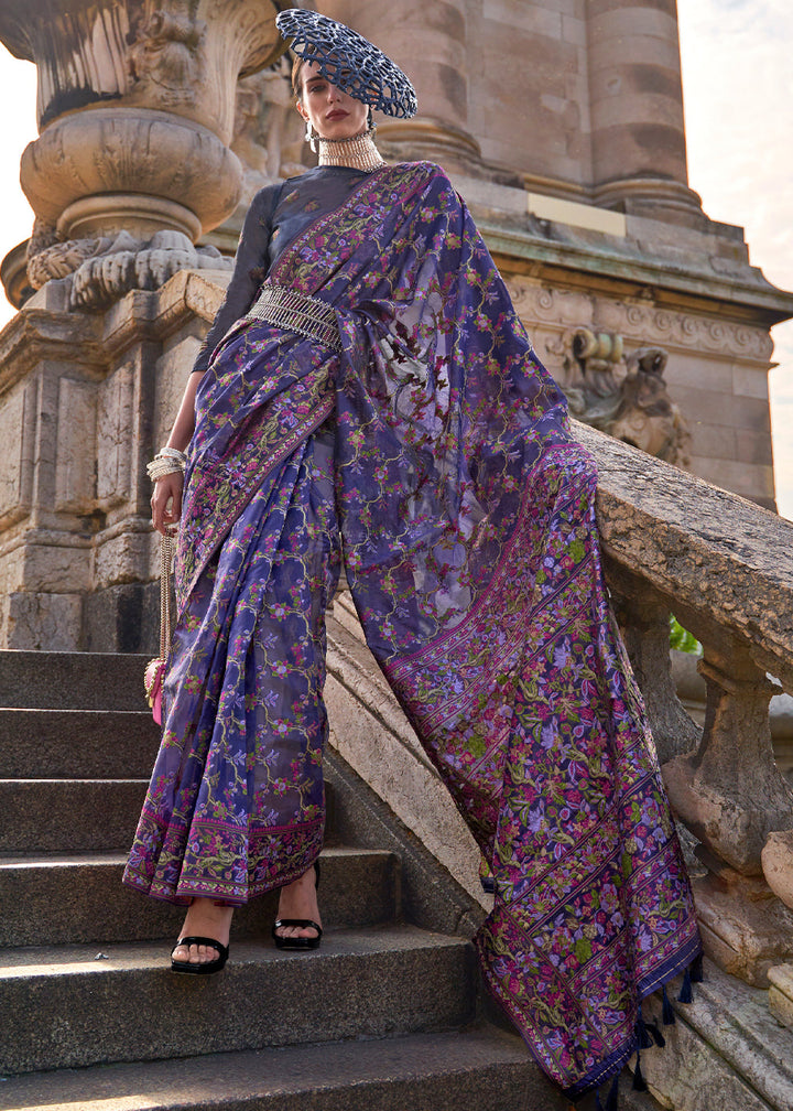 Indigo Purple Parsi Handloom Woven Organza Silk Saree