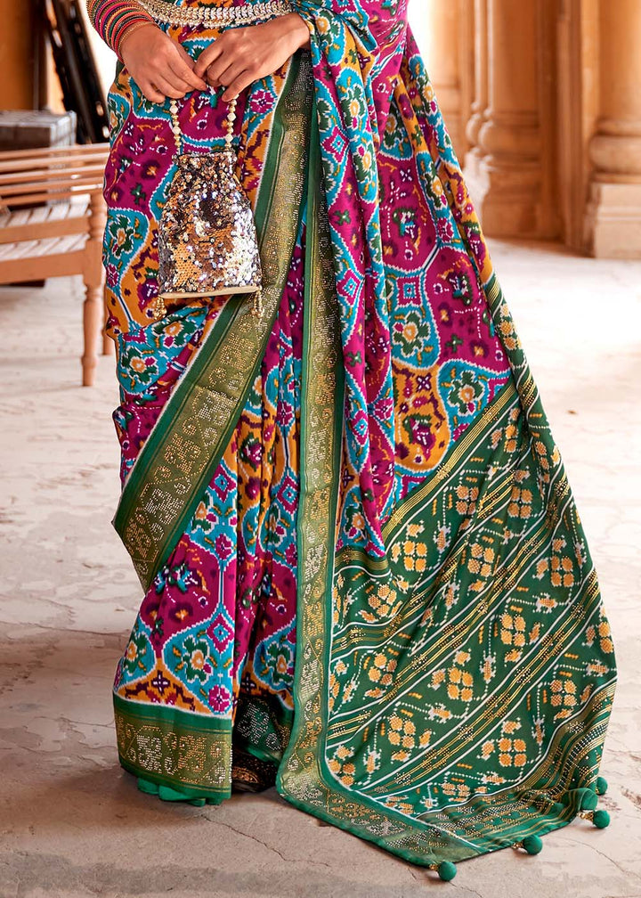 Multicoloured Printed Patola Silk Saree with Zari Border & Tassels on Pallu