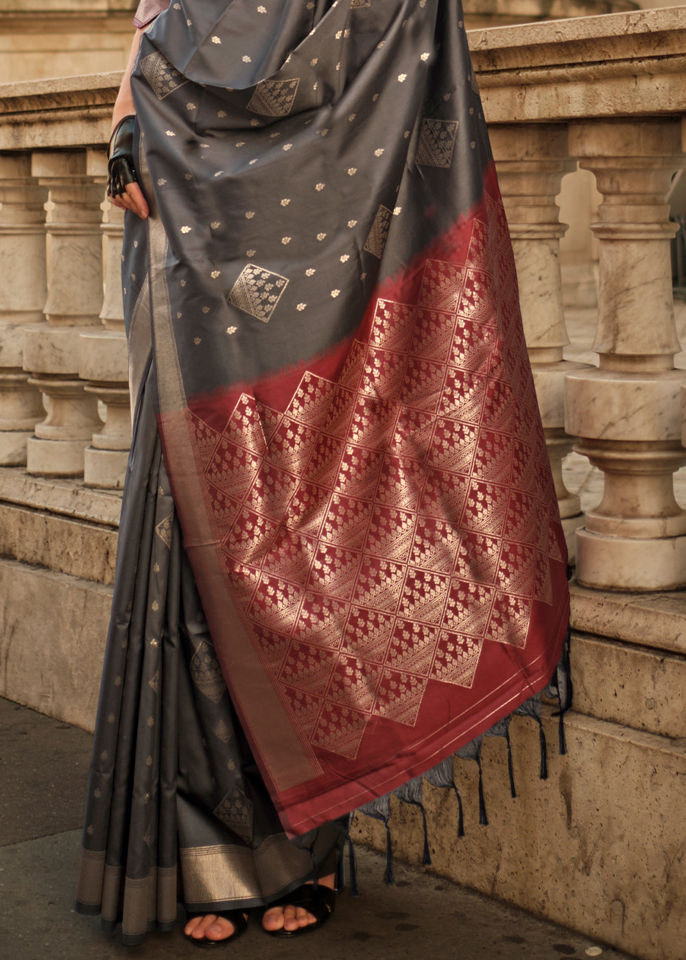 Charcoal Black Handloom Woven Soft Silk Saree