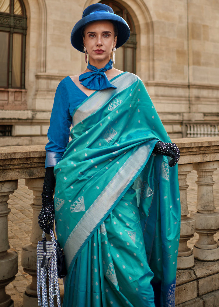 Cerulean Blue Handloom Woven Soft Silk Saree
