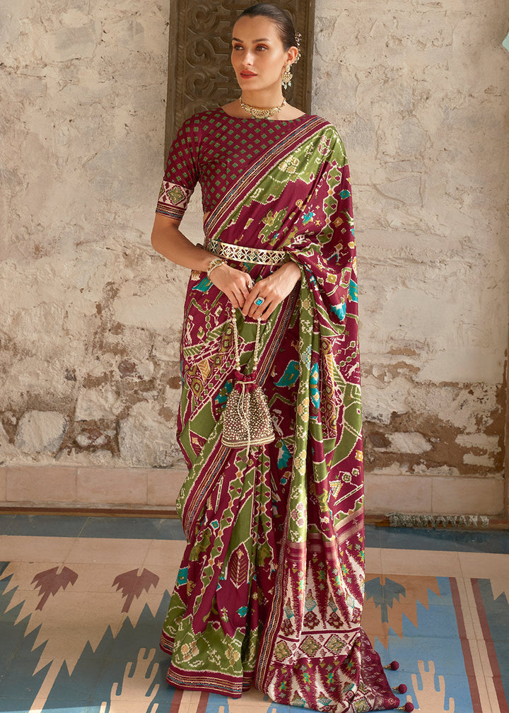 Brown & Green Printed Patola Silk Saree with Zari Border & Tassels on Pallu