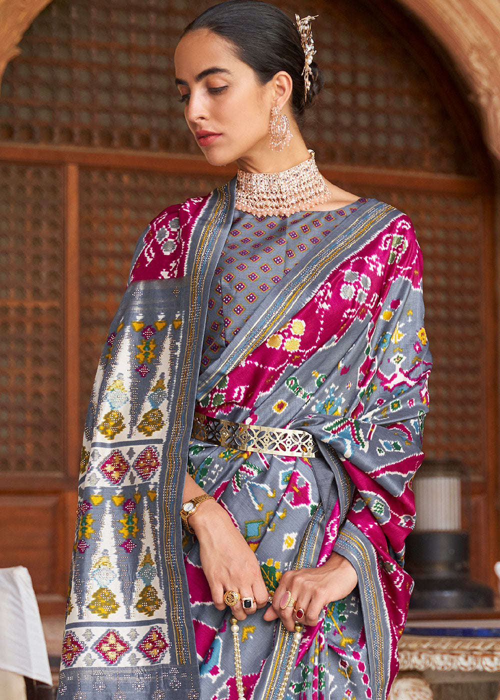 Grey & Pink Printed Patola Silk Saree with Zari Border & Tassels on Pallu