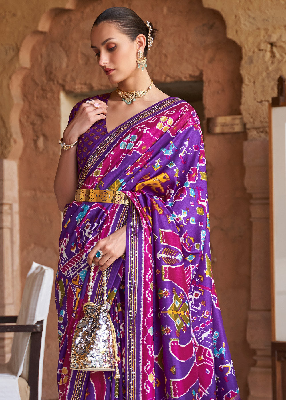 French Purple Printed Patola Silk Saree with Zari Border & Tassels on Pallu