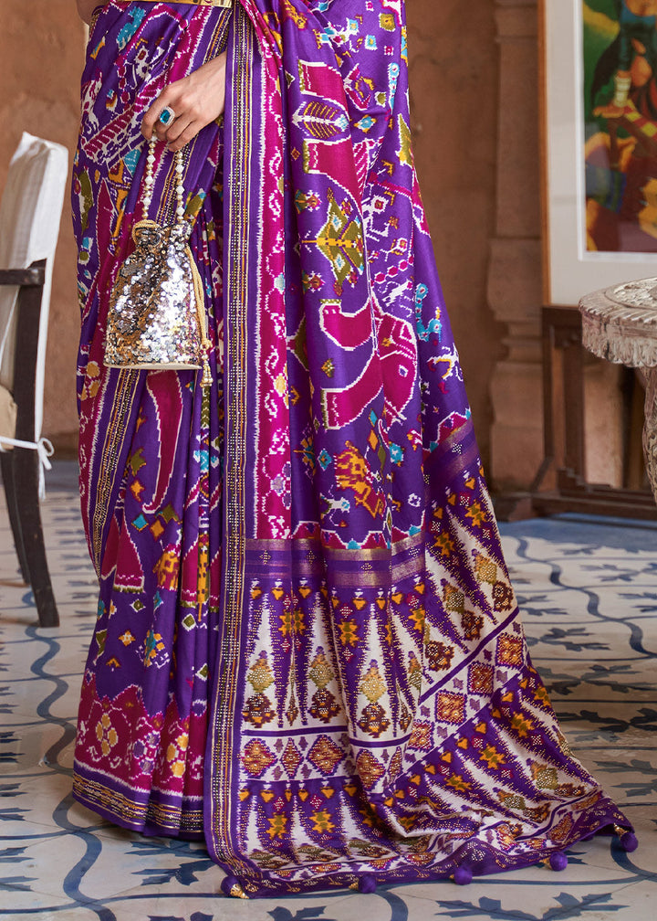 French Purple Printed Patola Silk Saree with Zari Border & Tassels on Pallu