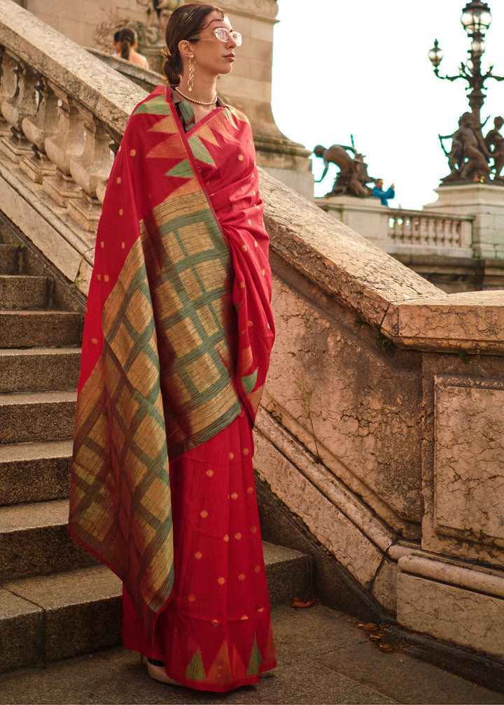 Scarlet Red Handloom Woven Khadi Silk Saree