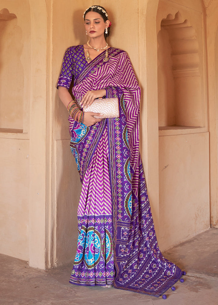 Shades Of Purple Printed Patola Silk Saree with Zari Border & Tassels on Pallu
