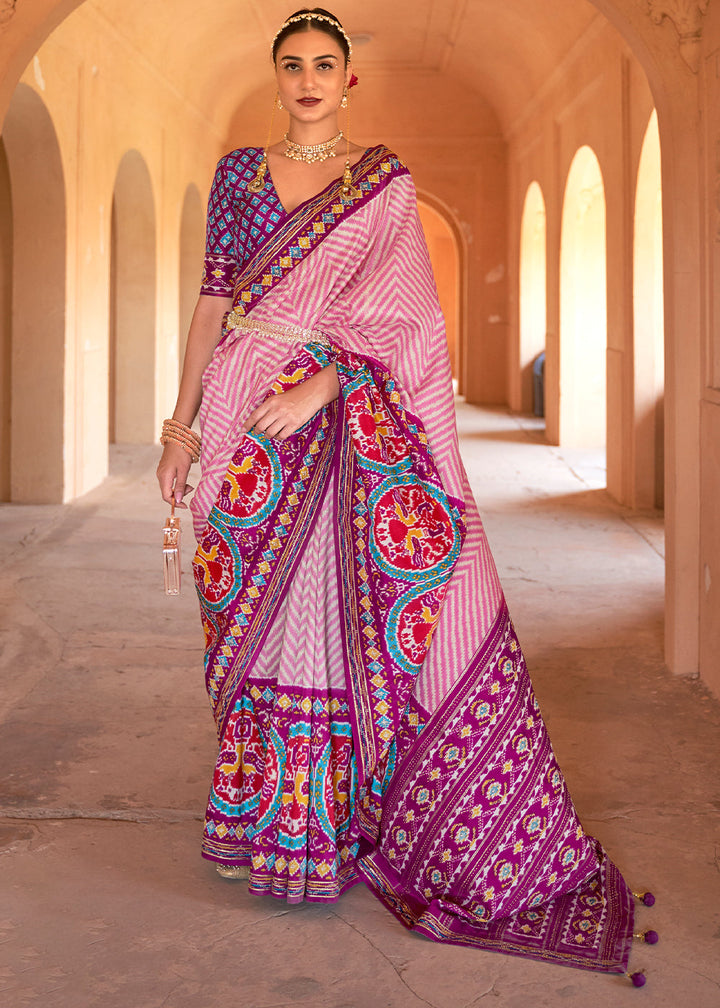 Pink & Purple Printed Patola Silk Saree with Zari Border & Tassels on Pallu