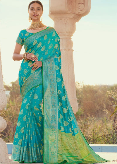Sapphire Blue & Green Zari Woven Soft Silk Saree