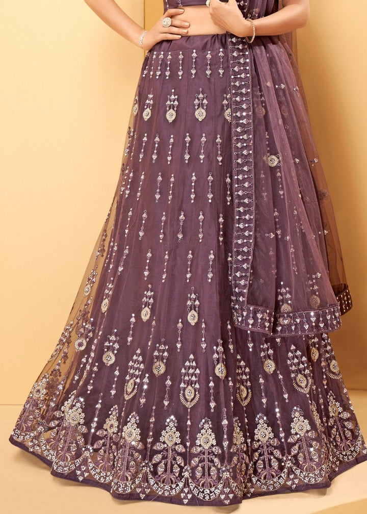 Plum Purple Net Lehenga Choli with Thread Embroidery,Mirror & Zarkan work