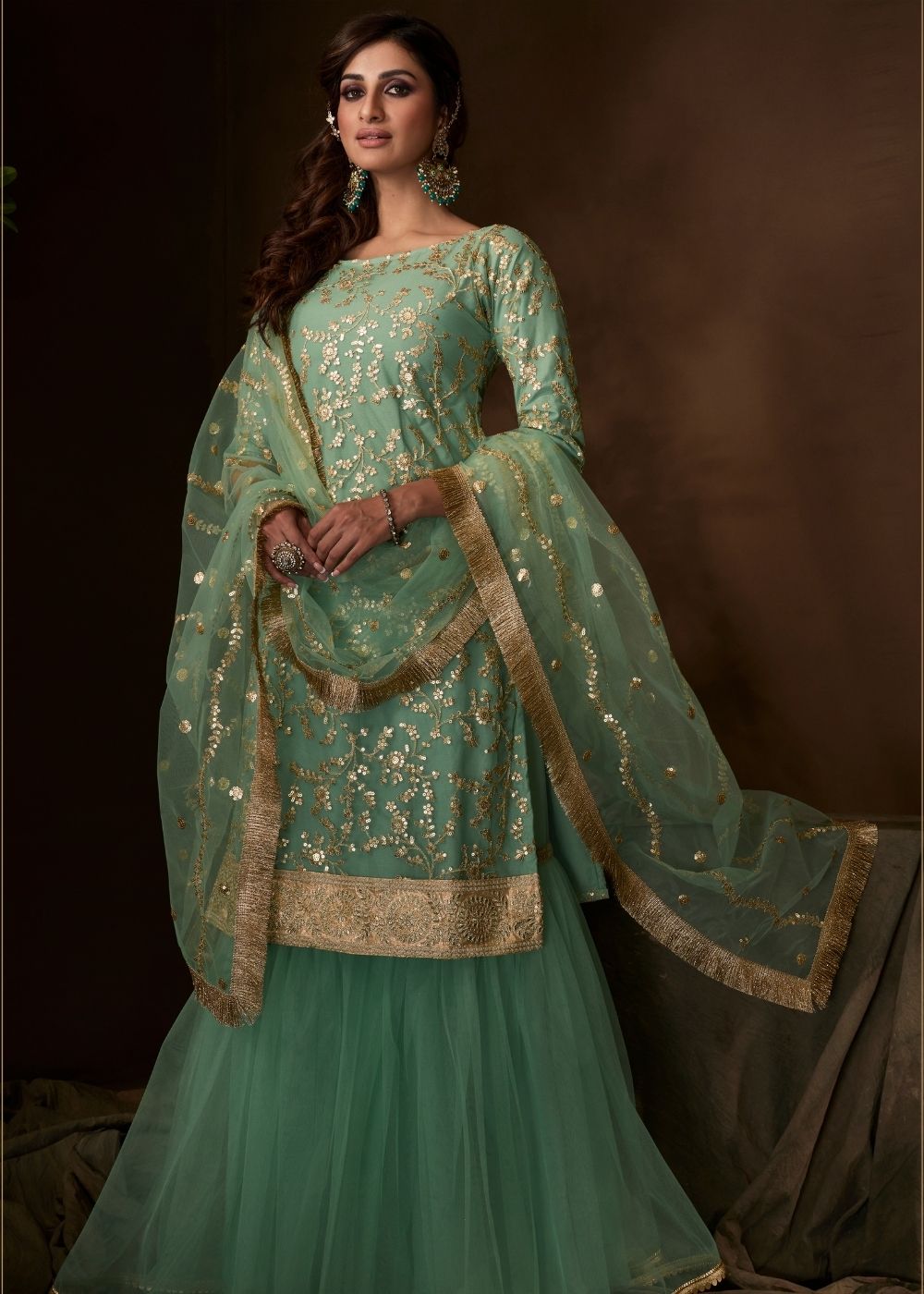 Mint Green Designer Soft Net Sharara Suit with Sequin and Zari work