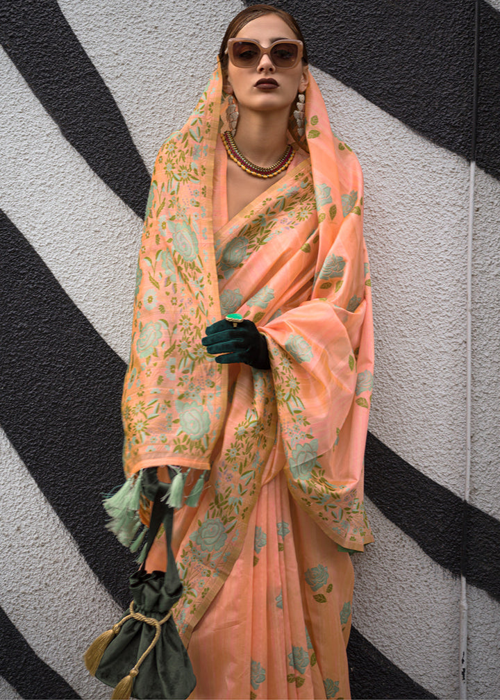 Aerospace Orange Floral Parsi Weaving Handloom Silk Saree