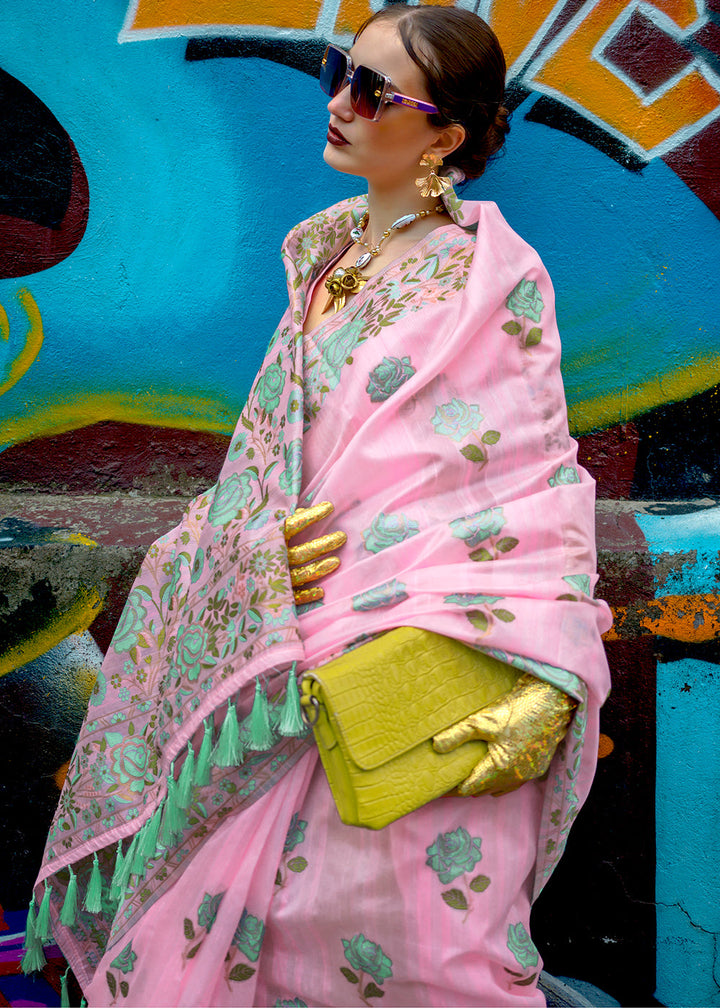Ultra Pink Floral Parsi Weaving Handloom Silk Saree
