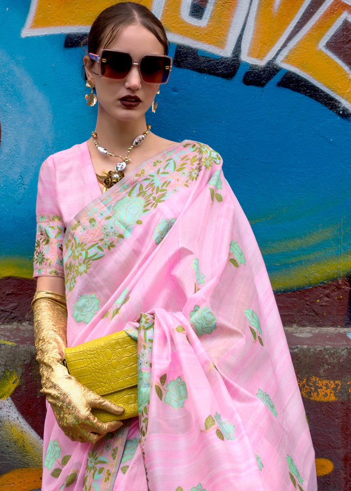 Ultra Pink Floral Parsi Weaving Handloom Silk Saree