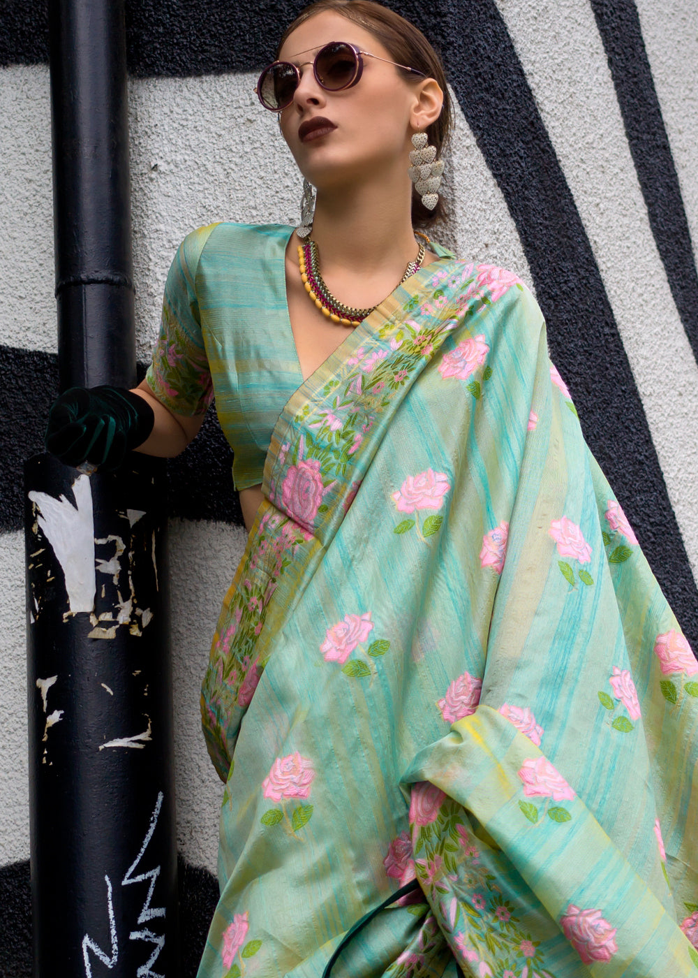 Light Green Floral Parsi Weaving Handloom Silk Saree