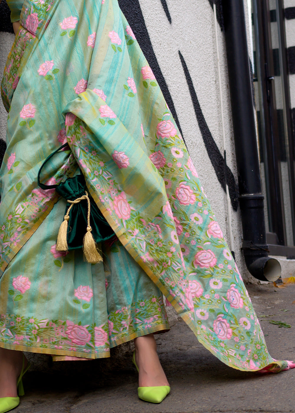 Light Green Floral Parsi Weaving Handloom Silk Saree
