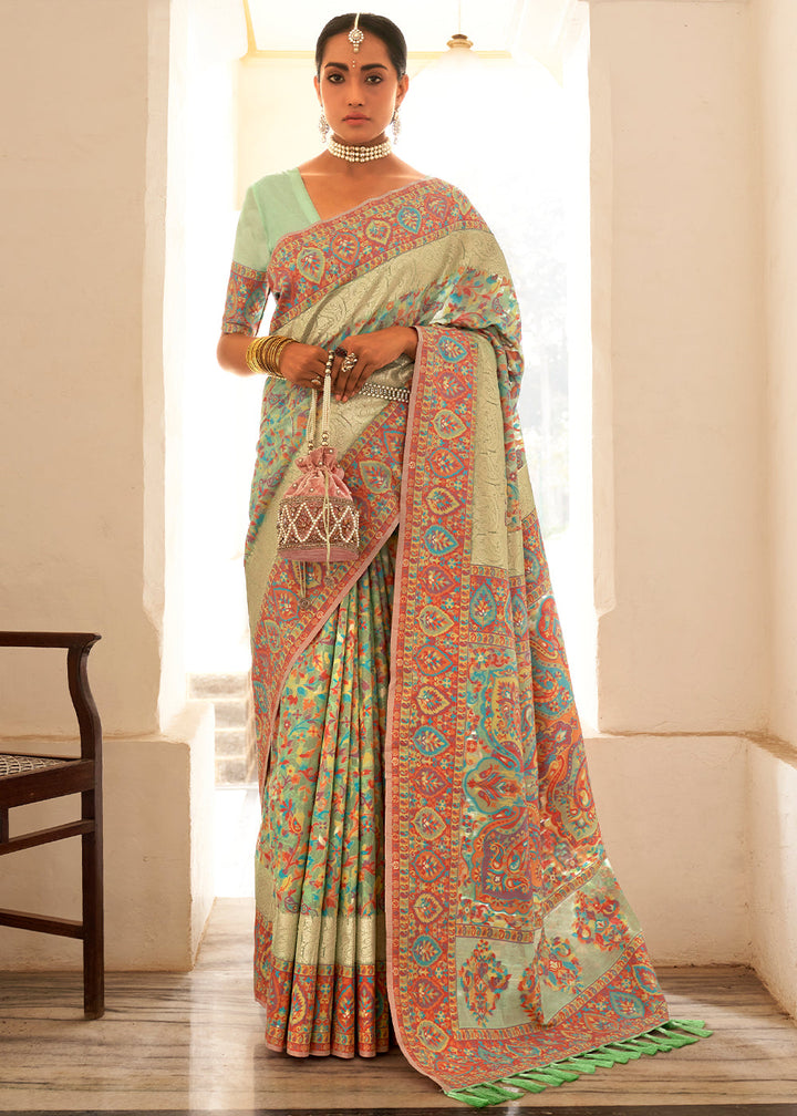 Pastel Green Banarasi Jamawar Kashmiri Woven Silk Saree