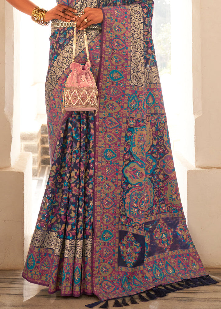 Indigo Blue Banarasi Jamawar Kashmiri Woven Silk Saree