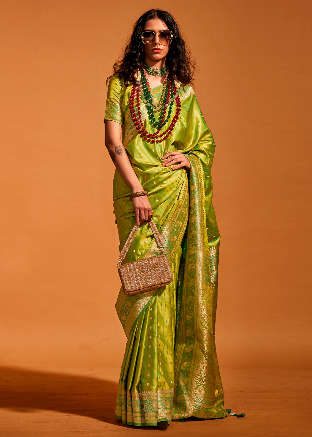 Pear Green Handloom Woven Designer Satin Silk Saree
