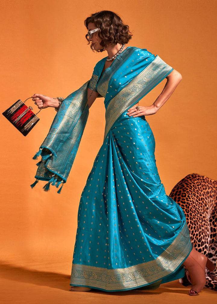 Cerulean Blue Handloom Woven Designer Satin Silk Saree