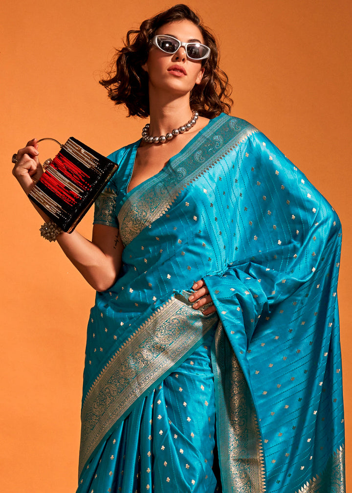 Cerulean Blue Handloom Woven Designer Satin Silk Saree