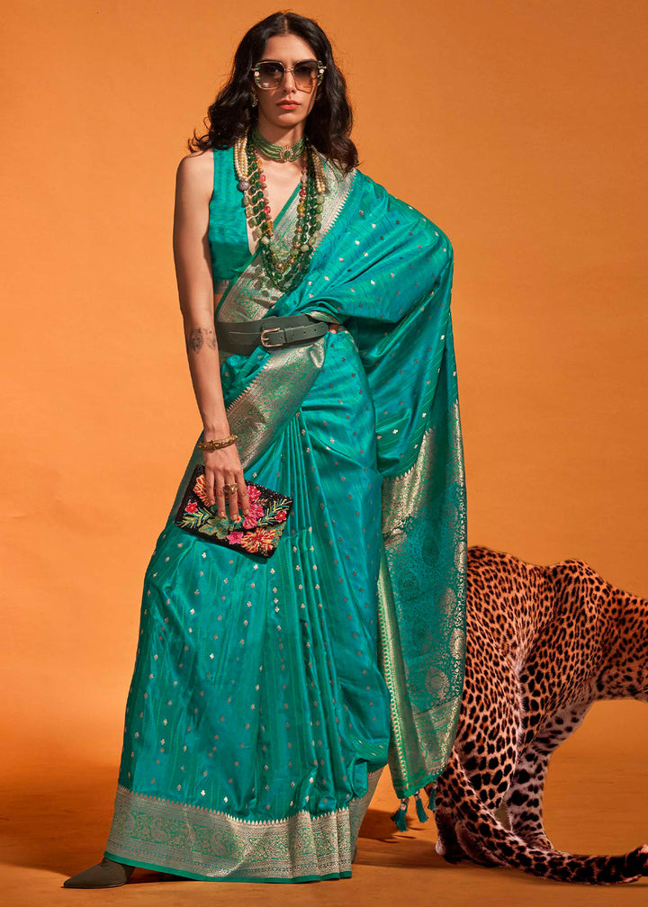 Dark Tiffany Blue Handloom Woven Designer Satin Silk Saree