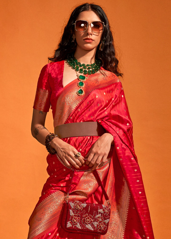 Shades Of Red Handloom Woven Designer Satin Silk Saree