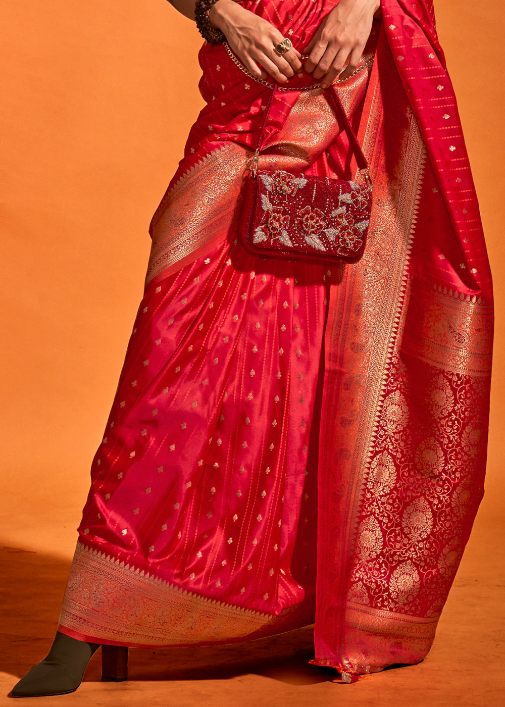Shades Of Red Handloom Woven Designer Satin Silk Saree