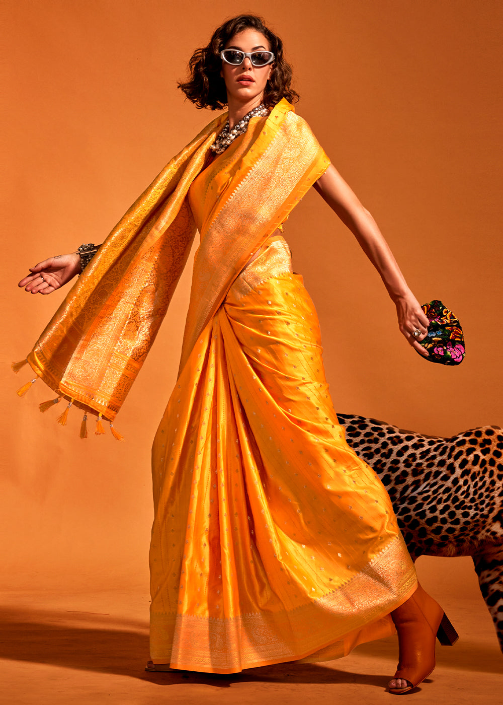 Saffron Yellow Handloom Woven Designer Satin Silk Saree