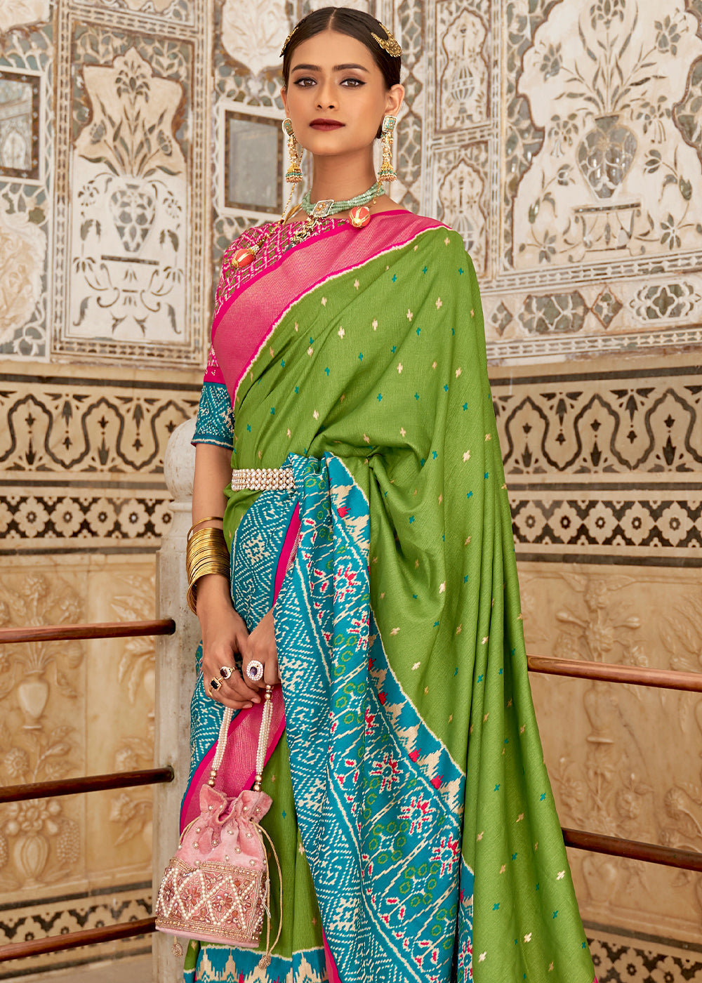 Pear Green Patola Printed Soft Cotton Silk Saree with Zari Border