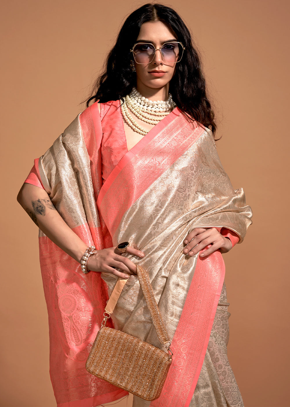 Pink & Brown Handloom Woven Kanjivaram Silk Saree