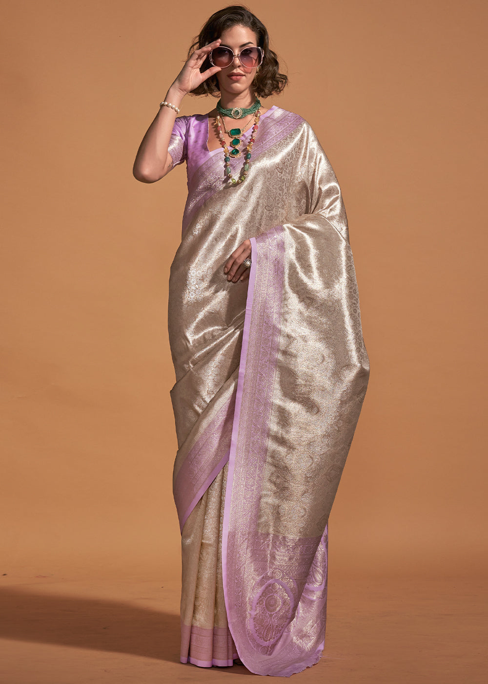 Metallic Brown & Purple Handloom Woven Kanjivaram Silk Saree