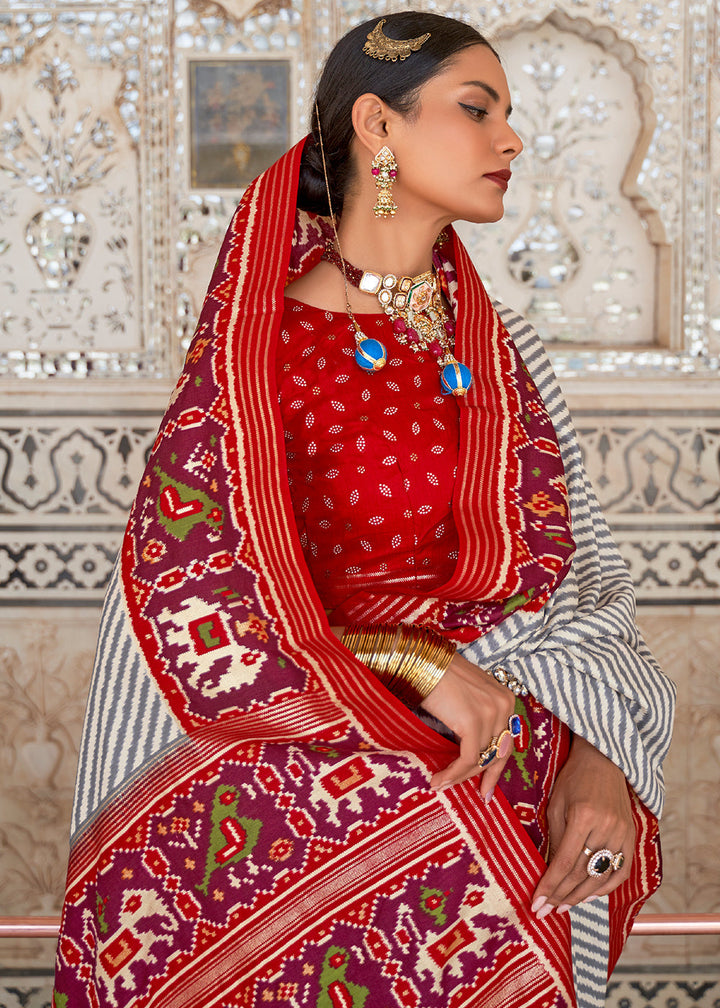 White & Red Patola Printed Soft Cotton Silk Saree with Zari Border