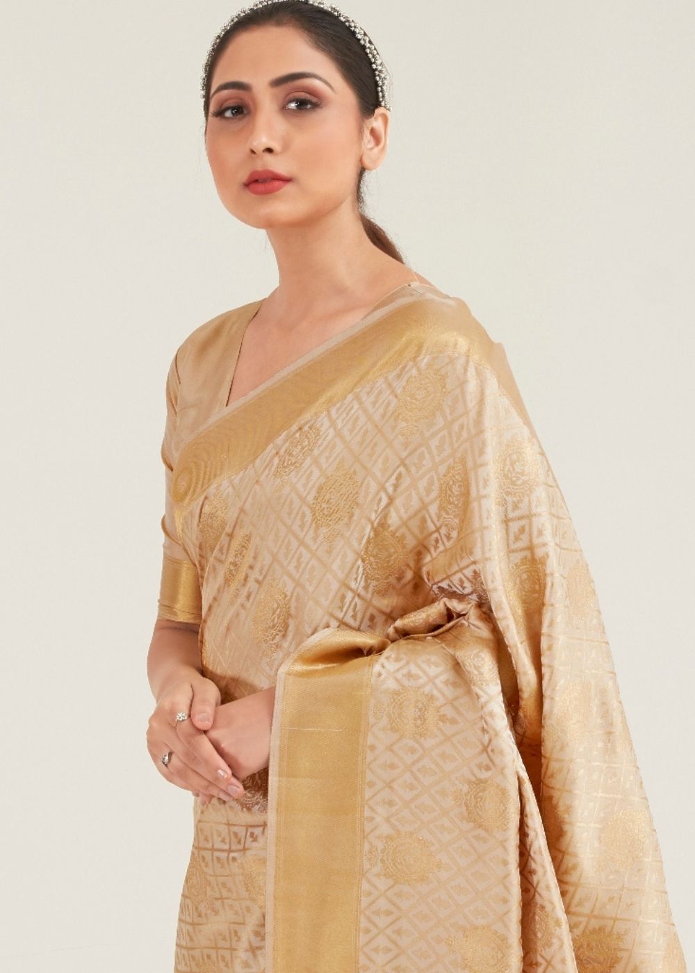 Beige Golden Zari Butta Woven Banasari Silk Saree