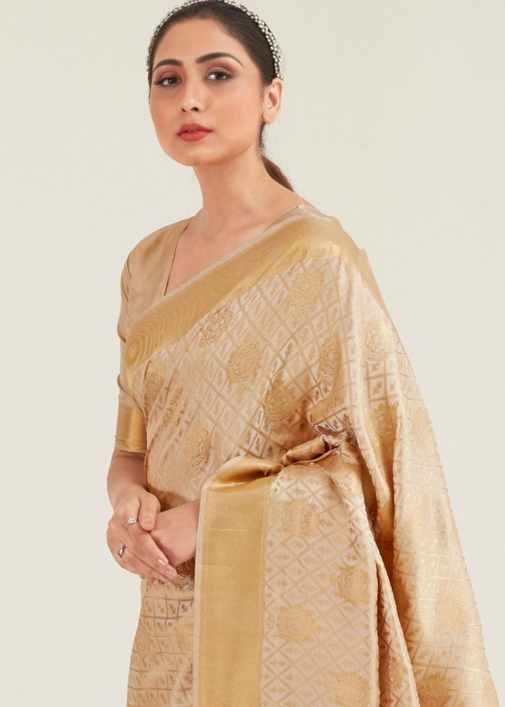 Beige Golden Zari Butta Woven Banasari Silk Saree