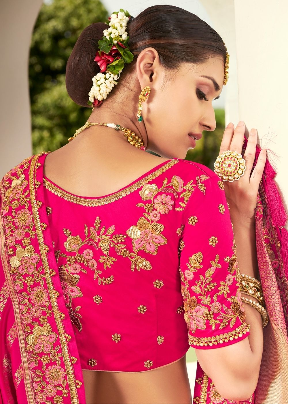 Hot Pink Heavy Embroidered Banarasi Silk Lehenga Choli