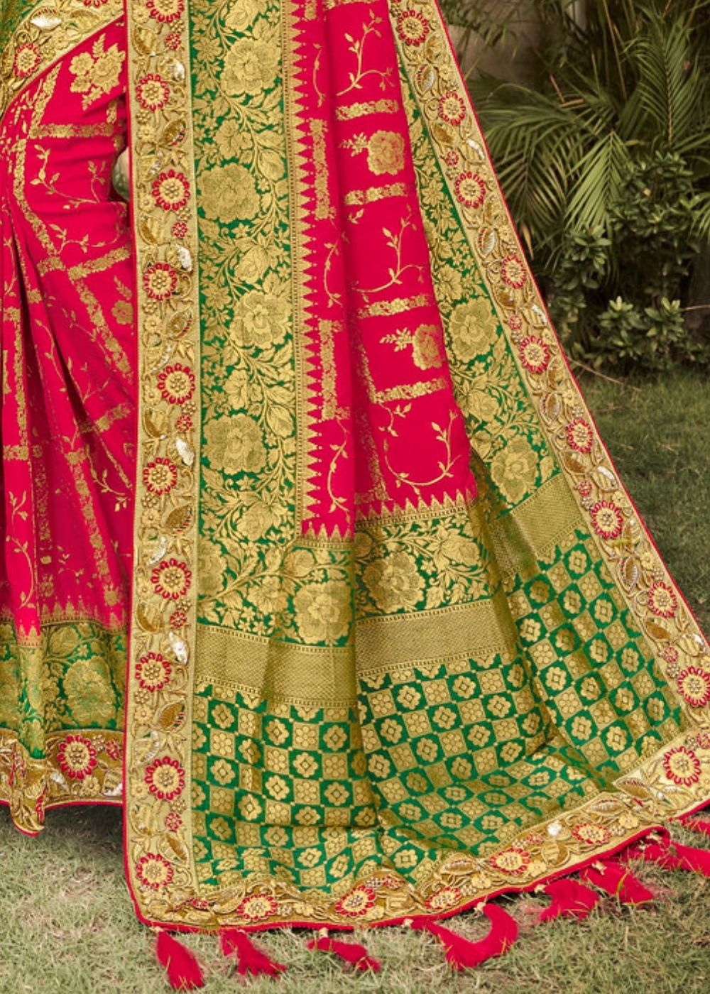 Ruby Pink and Green Banarasi Dola Silk Saree with Resham Embroidery, Zari and Moti work