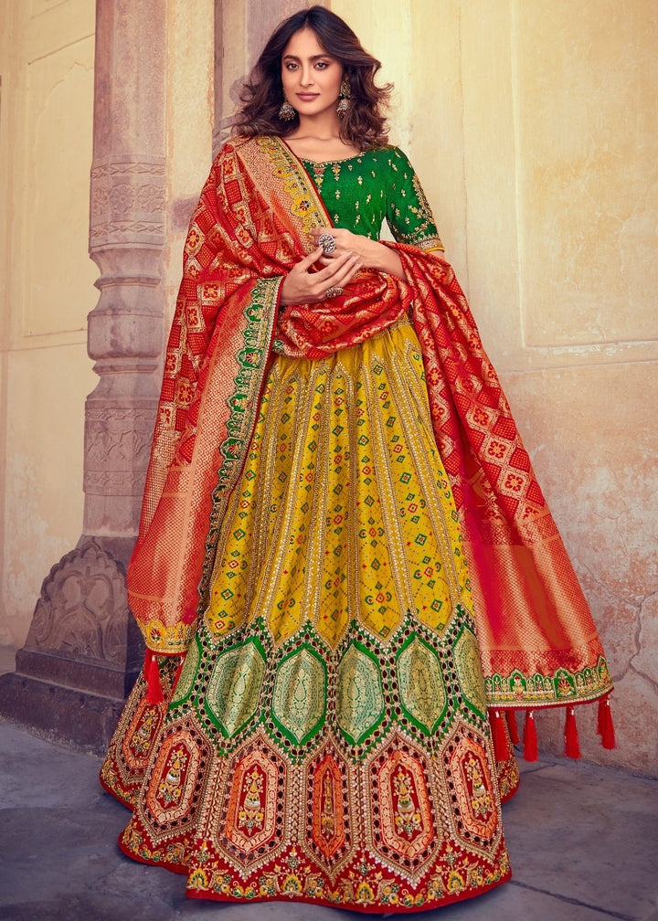Tuscany Yellow & Red Banarasi Silk Lehenga Choli with Khatli work Embroidery