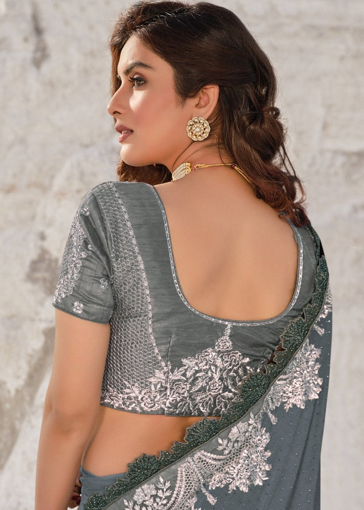 Fiord Grey Designer Net & Imported Fabric Saree with Hand-Made Flower, Jari & Diamond work"