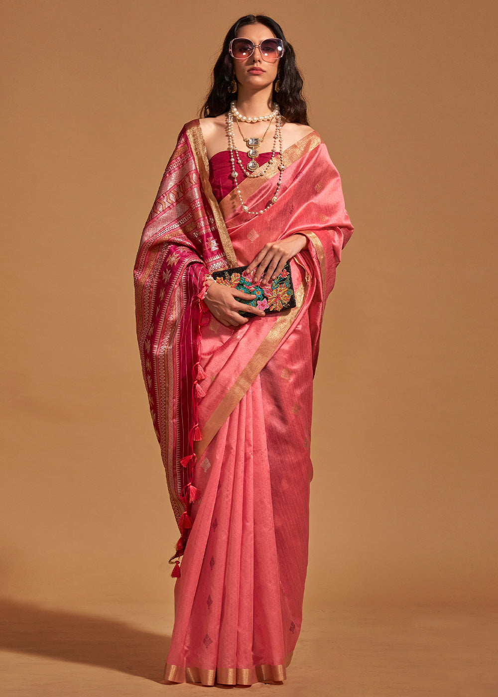 Brink Pink Handloom Woven Silk Saree