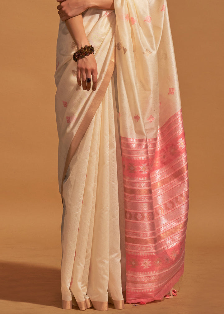Cream White Handloom Woven Silk Saree