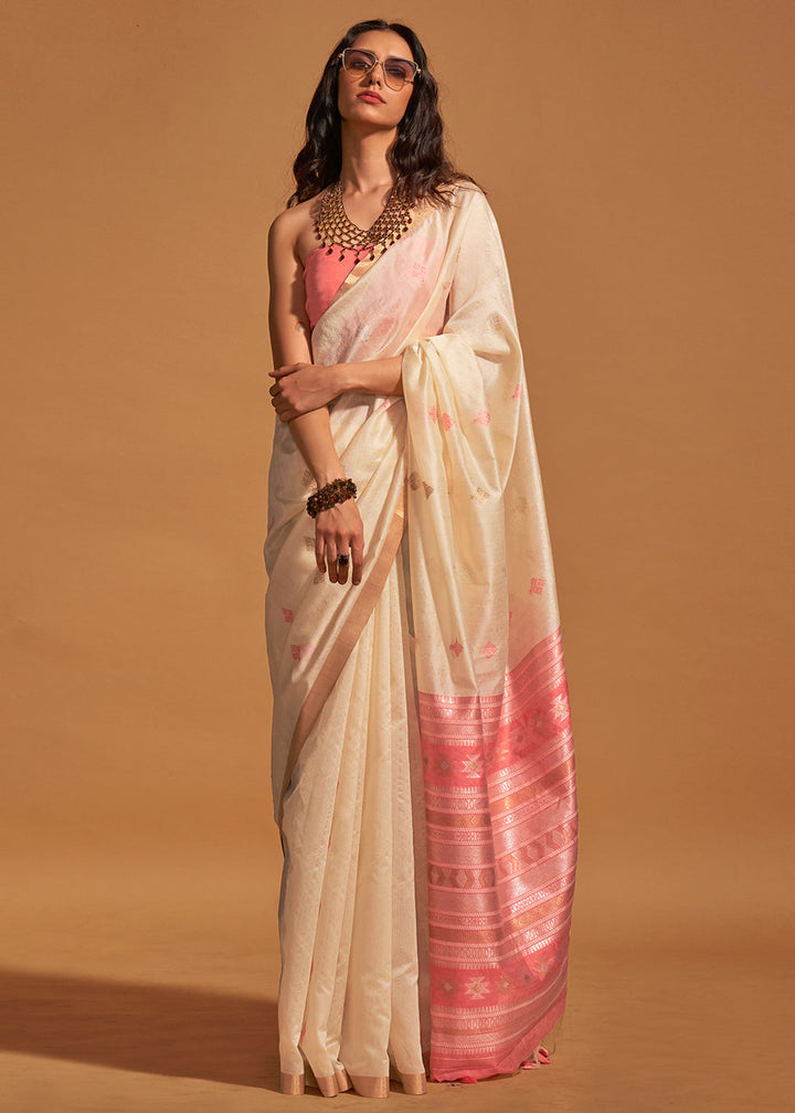 Cream White Handloom Woven Silk Saree : Top Pick
