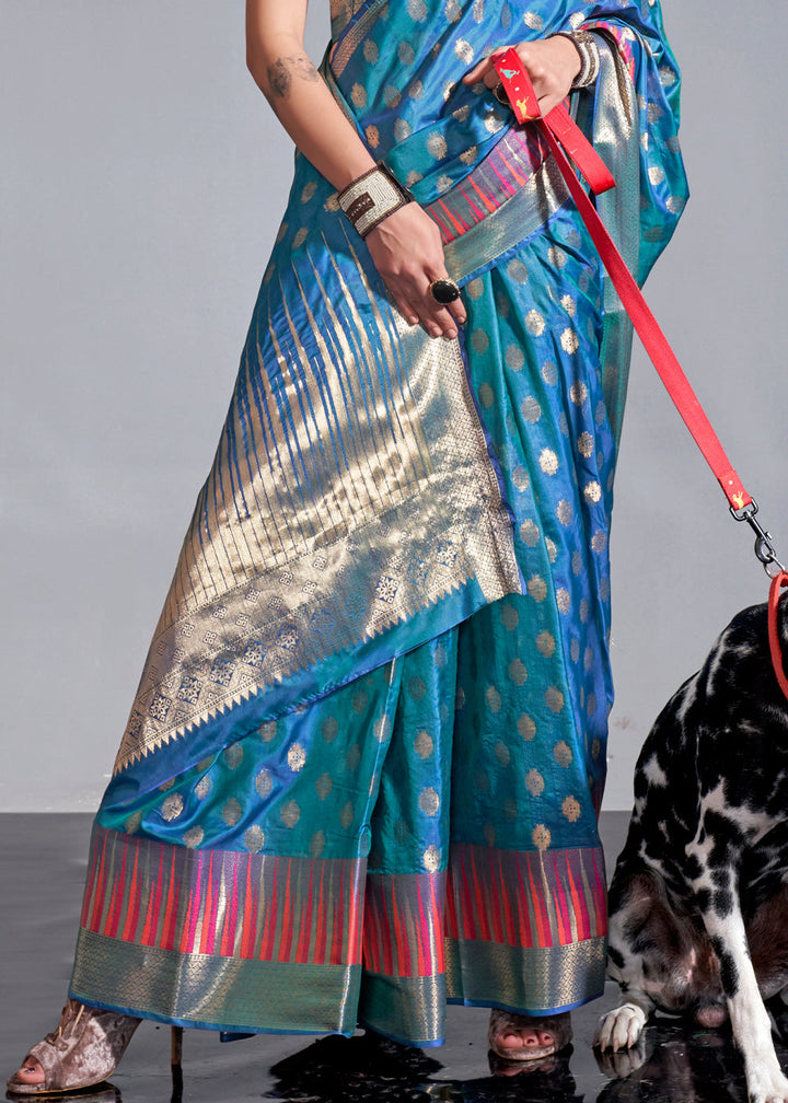 Star Command Blue Handloom Woven Designer Silk Saree with Overall Butti work