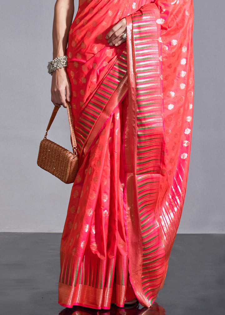 Fiery Rose Pink Handloom Woven Designer Silk Saree with Overall Butti work