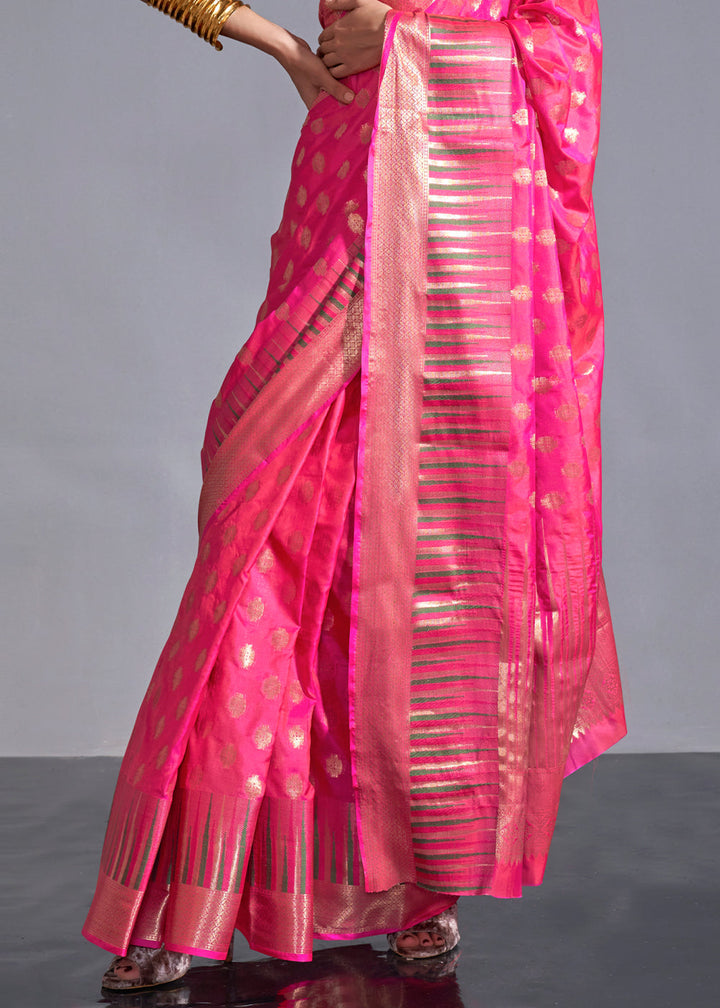 Hot Pink Handloom Woven Designer Silk Saree with Overall Butti work