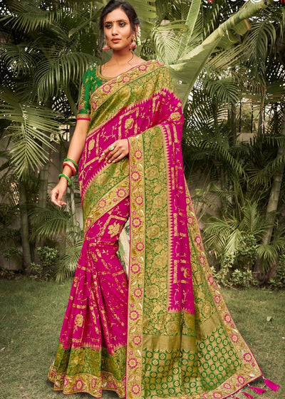 Magenta and Green  Banarasi Dola Silk Saree with Resham Embroidery, Zari and Moti work