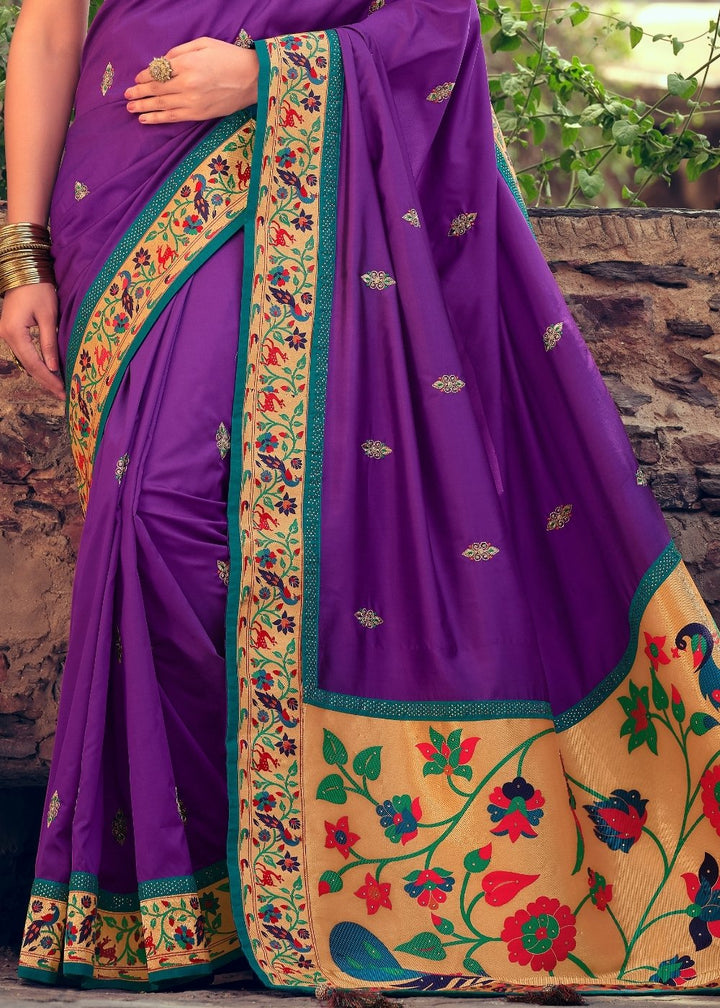 Grape Purple Woven Paithani Banarasi Silk Saree with Swarovski work & Embroidered Blouse