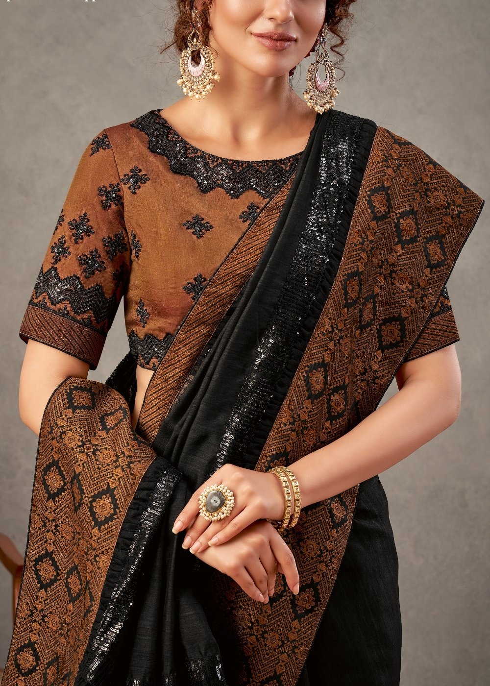 Onyx Black Tussar Silk Saree with Thread & Sequins Embroidery