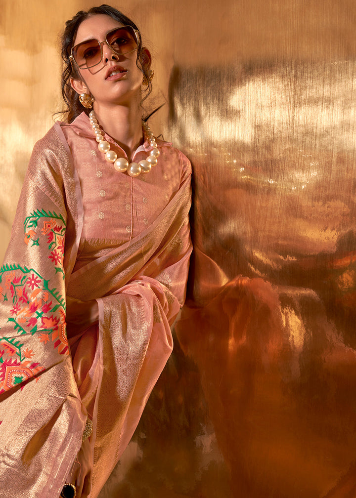 Peach Pink Zari Woven Tissue Silk Saree Having Paithani Pallu