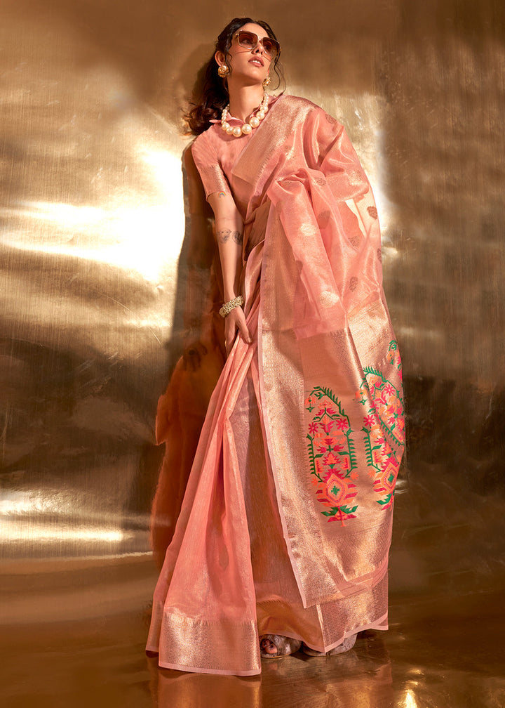 Peach Pink Zari Woven Tissue Silk Saree Having Paithani Pallu