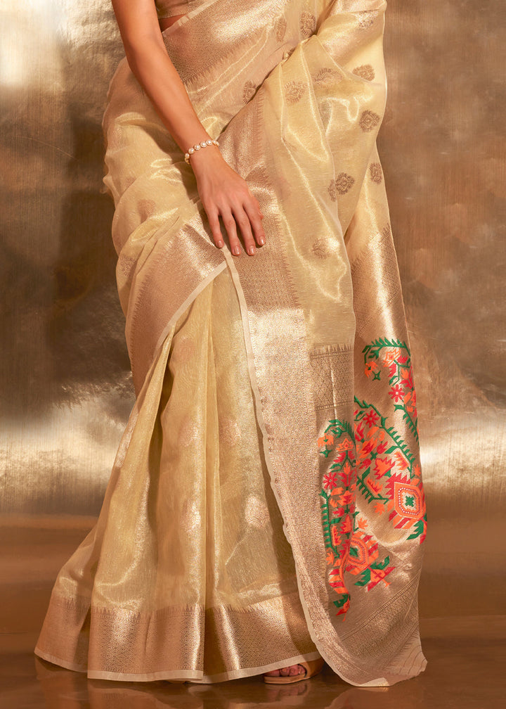 Flax Yellow Zari Woven Tissue Silk Saree Having Paithani Pallu